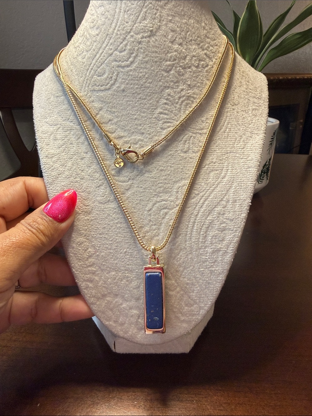 Gold Necklace with Blue and green Rectangular Pendant - Women Jewelryy